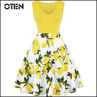 OTEN-Women-Sleeveless-Summer-Lemon-Flower-Printed-V-Neck-contrast-color-A-Line-Casual-Party-lady
