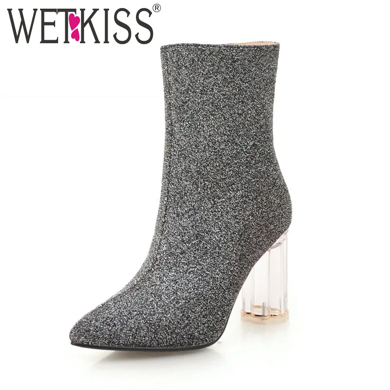 

WETKISS Winter Sequined Cloth Women Boots Pointed Toe Footwear Transparent High Heels Female Ankle Boot Shoes Woman 2018 New