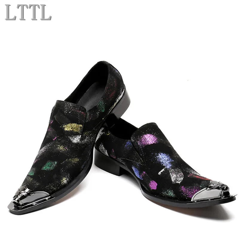

Fashion Business Oxfords Nightclub Shoes Green Black Printing Men Shiny Metal Pointed Toe Wedding Dress Shoes Men zapato
