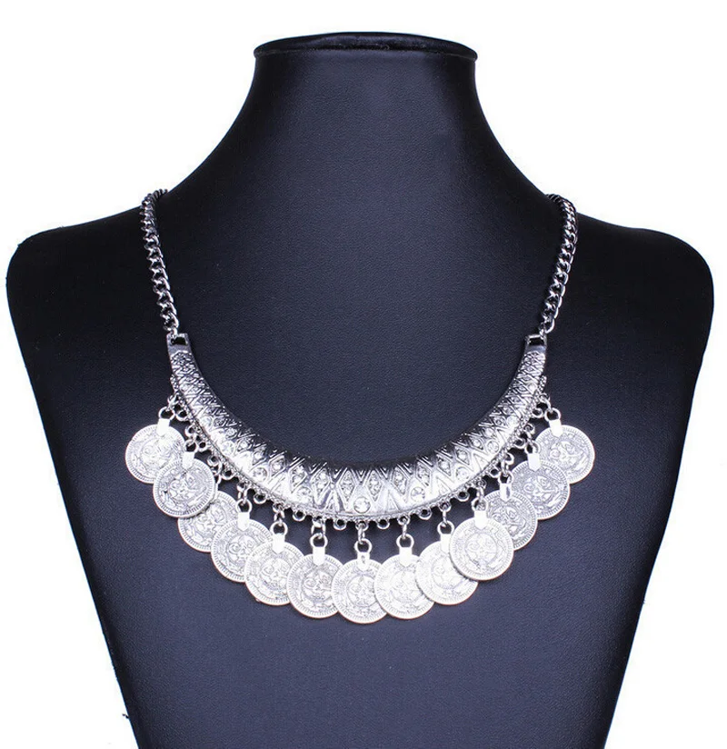 #*Cheap Bohemian Punk Retro Vintage Silver Tribal Crystal Crescent Coin Fringe Bib Necklace Turkish Gypsy