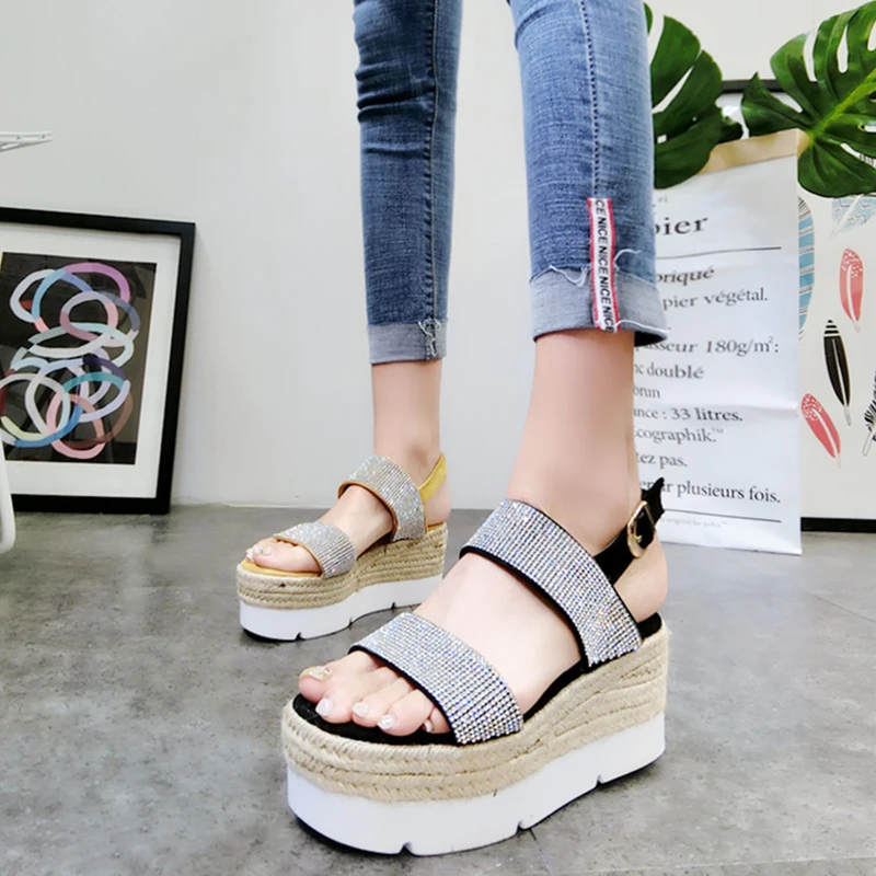 flax knitting wedges sandals women summer narrow band platform sandals ...