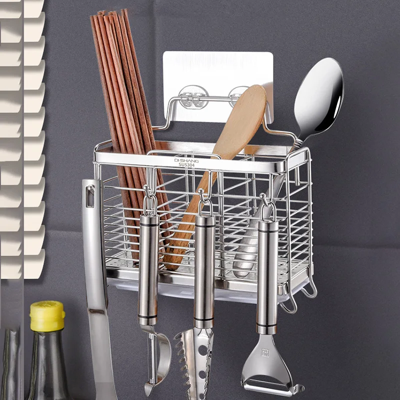 3 Grids Stainless steel hanging chopstick cage fork spoon holder rack reinforced kitchen supplies shelves organizer with hooks