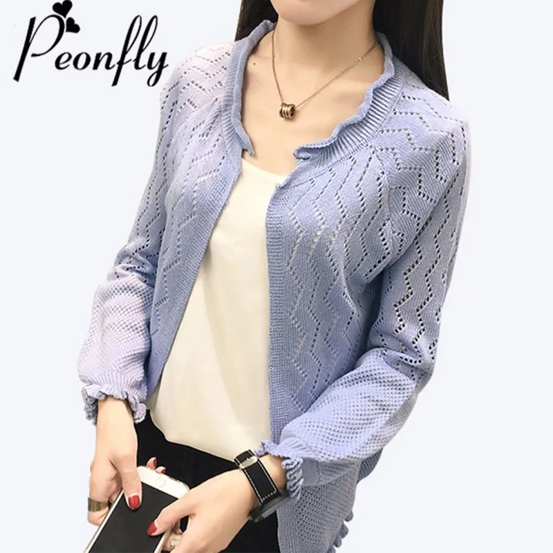 

PEONFLY New Spring Autumn Hollow Out Cardigans Women Long Sleeve Kniited Sweaters Cardigans Female Black Red Green Gray