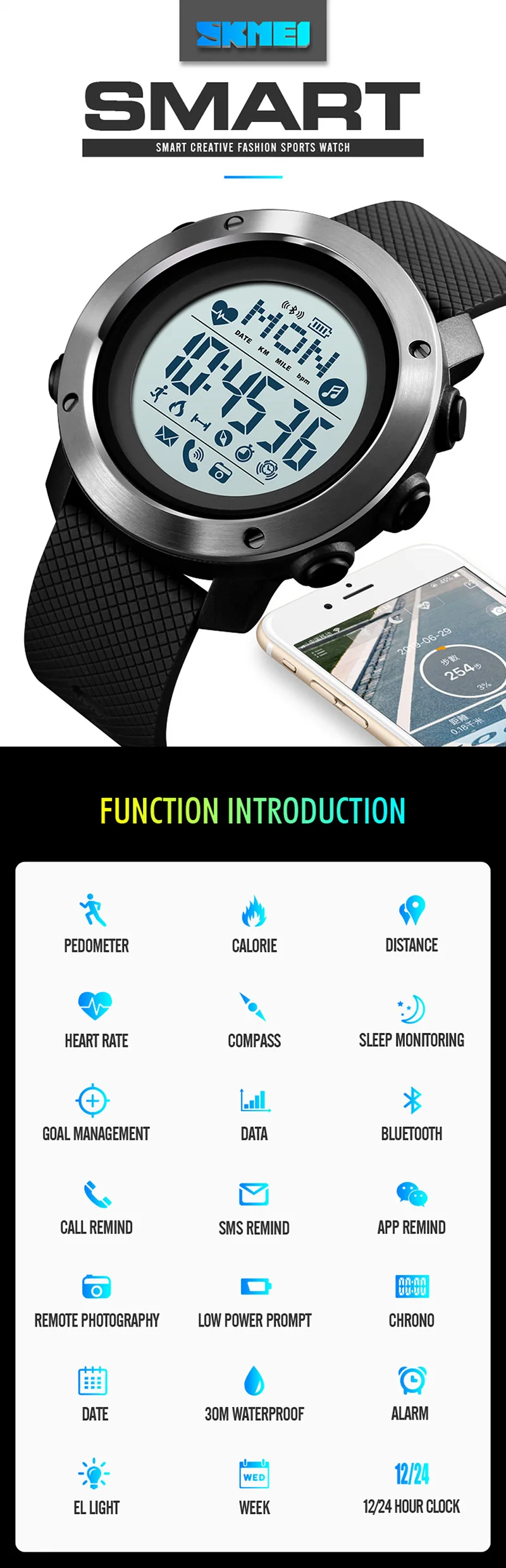 Умные часы мужские спортивные часы водонепроницаемые Смарт часы для Android носить ОС Android IOS компас с Bluetooth reloj inteligent SKMEI
