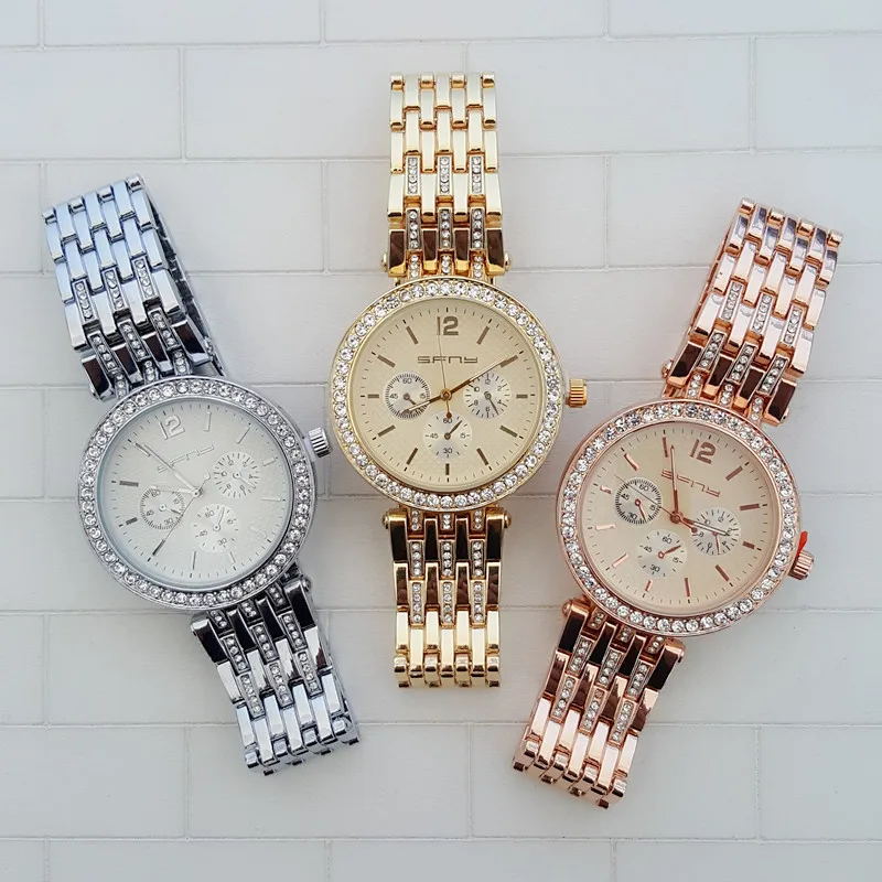 

2016 SFNY Unisex Quartz Watch Women Analog Wristwatches Bling Crystal Clocks,Three Fake Eyes Dial Stainless Steel Watch