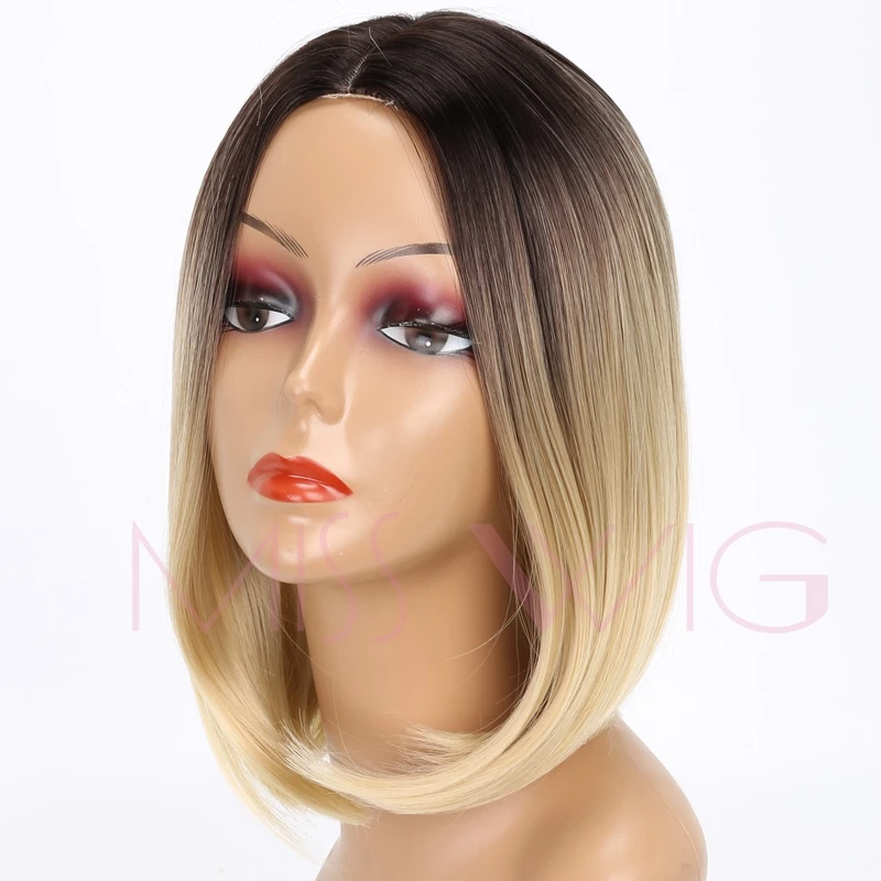 MISS WIG Black Ombre Blonde 14Inches Short Straight Bob Wigs Synthetic Hair Wig For Black Women None Lace High Temperature Fiber-