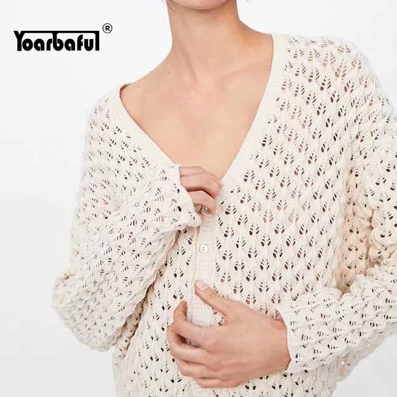 

2019 Spring Summer Long Sleeves Hollow Out V-neck Cardigans Loose Causal Knitted Tops Solid Sweater Coat Single Breasted Blouse