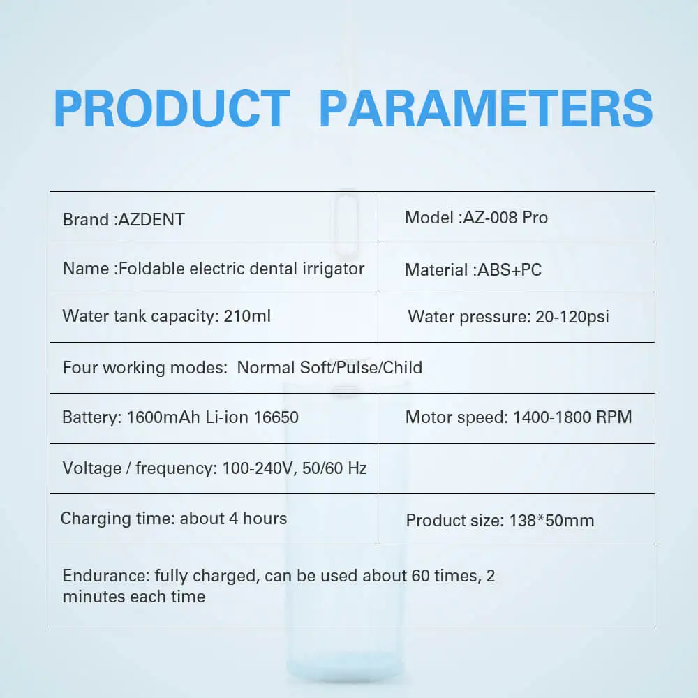 Портативный складной ирригатор для полости рта AZ-008 Pro, 4 режима, зубная нить, USB перезаряжаемая струя воды, водонепроницаемая нить 210 мл+ 5 струйных наконечников
