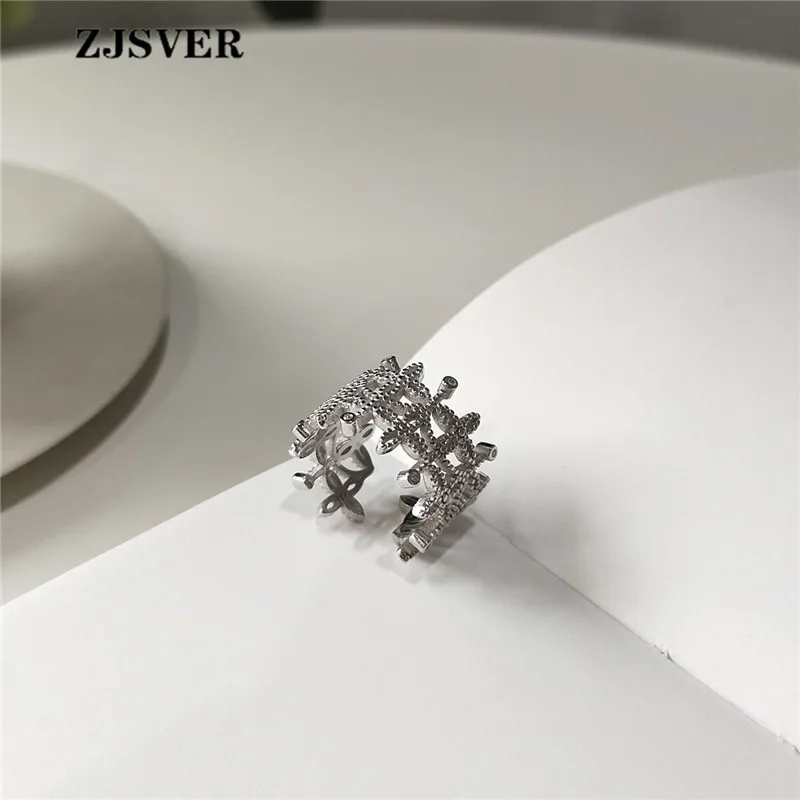 

ZJSVER Korean Jewelry 925 Sterling Silver Ring Fashion Silver Openwork Lace Adjustable Opening Women Wide Face Ring For Gift