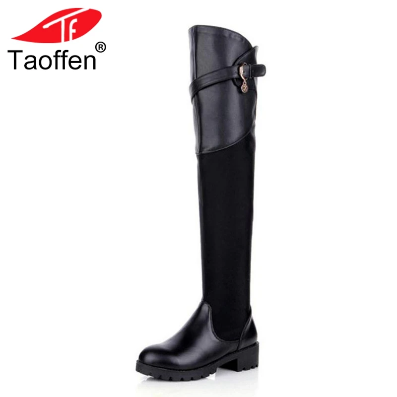 

TAOFFEN Women Flats Boots Genuine Leather Women Winter Shoes Metal Buckle Fur Over The Knee Boots Fashion Shoes Size 34-39