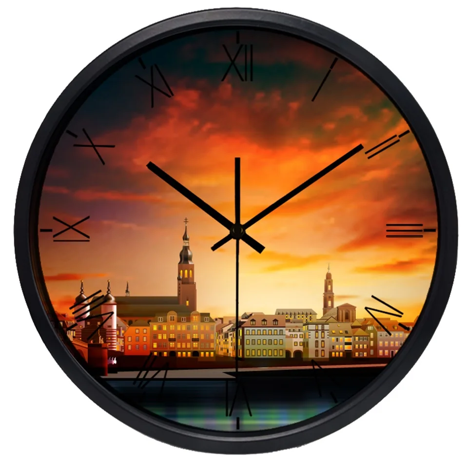 Europäischen architektur kirche wanduhr modernes design keine tickt sound glasabdeckung