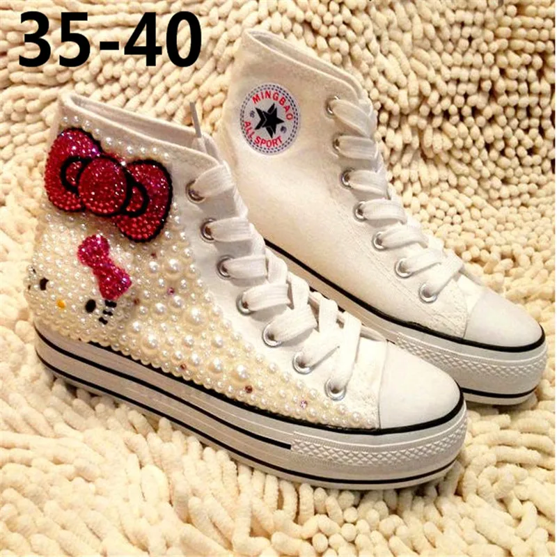 

Outdoor soft bottom pearl cute Japanese canvas increased skateboard tie with hand-stitched women's shoes