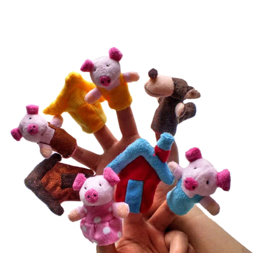 8Pcs Three Little Pigs Finger Puppet Children Educational Fairy Tale Toy Plush Puppet Wholesale
