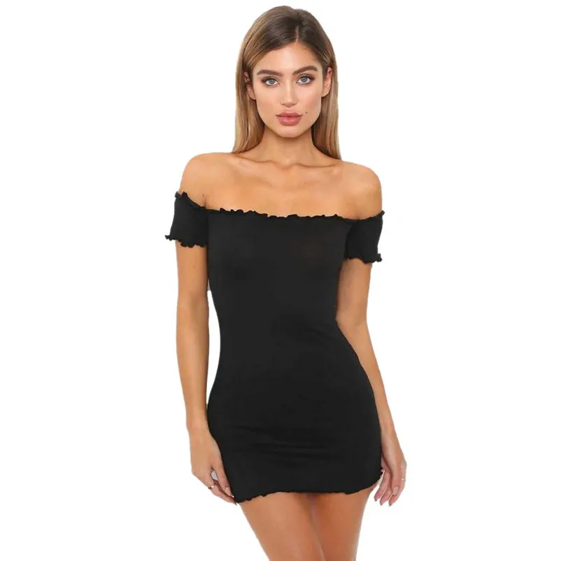 2018 Fashion summer dress women Off Shoulder Mini Dress Ladies Short Sleeve Crimping Party Black Dress vestido de festa J27#N (7)