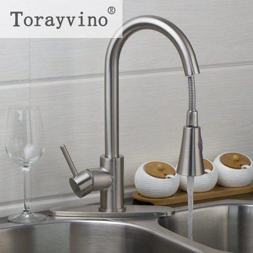 Torayvino US Kitchen Faucet Deck Mounted Nickle Brushed Swivel Faucet Pull Out Down Brushed Nickel Swivel