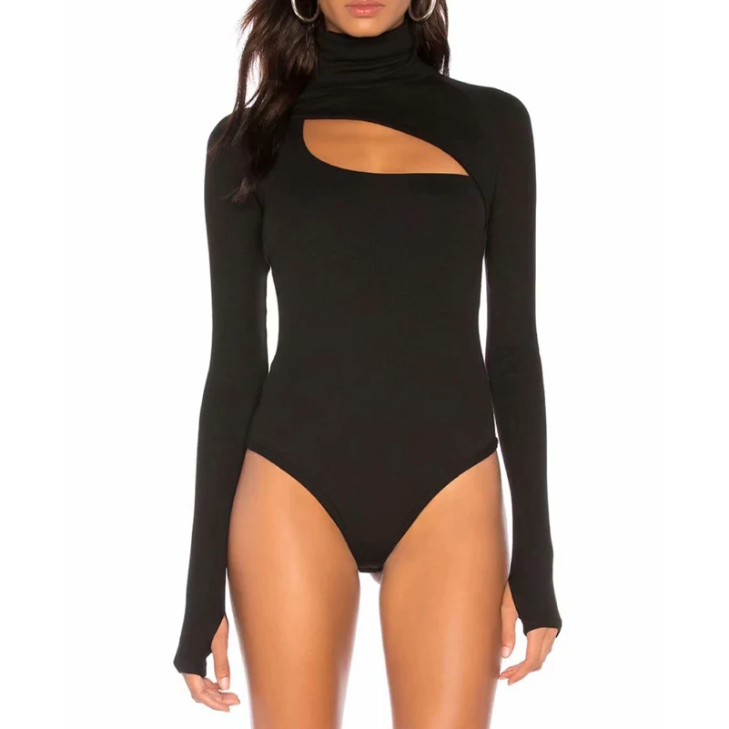 

Front Hollow Out Women Long Sleeve Skinny Solid Bodysuits Women American Street Wear Solid Long Sleeve Solid Bodysuits