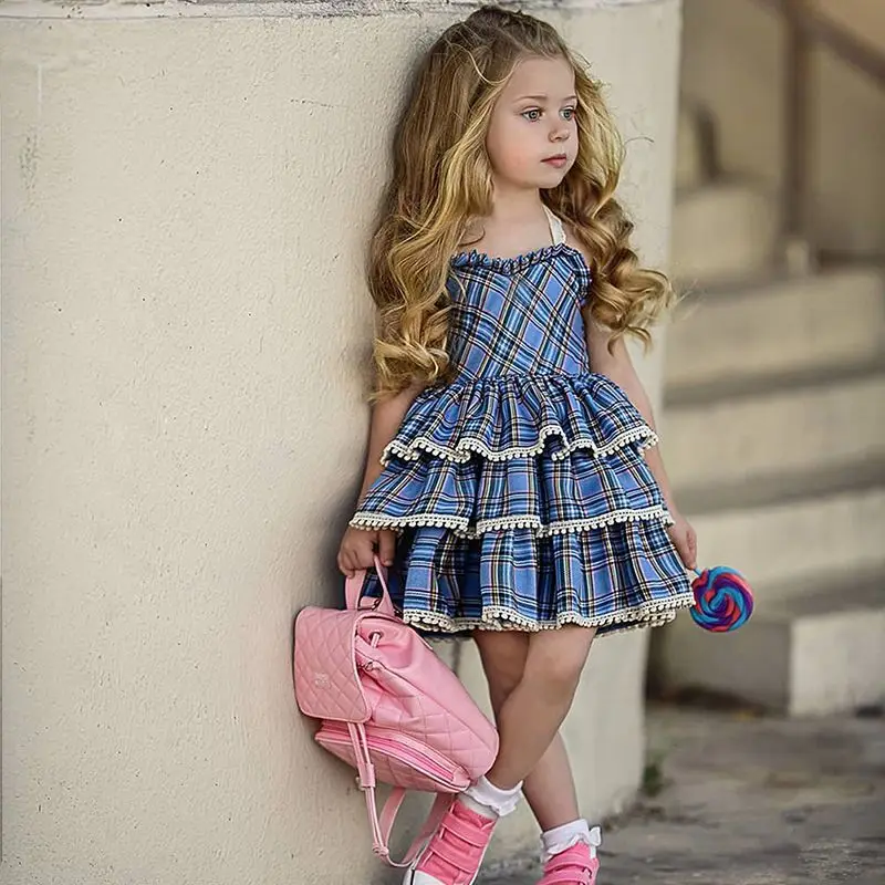 

Summer Baby dress for Girls Kids Plaid Print Backless Dress Cotton Toddler Flare Sleeve Sundress