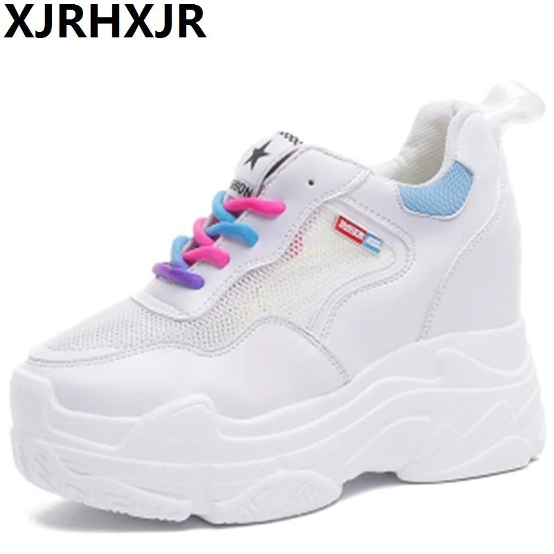 

Brand 2019 Summer Breathable Mesh Sneakers Hidden Increasing Shoes Women Wedge Casual Shoes Lace High Heels 10Cm Platform Shoes