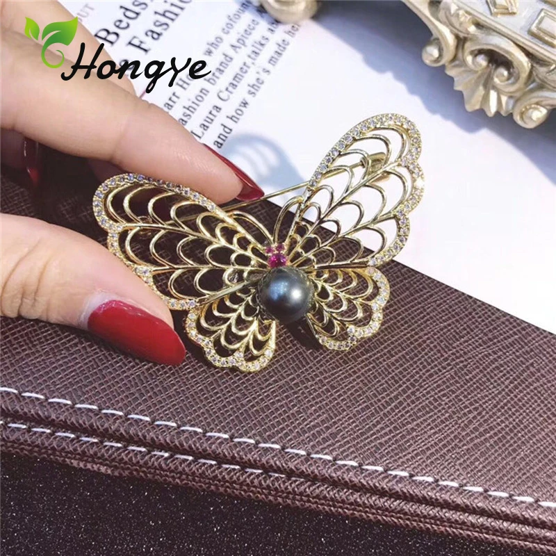 

Hongye Silver/Gold Color Hollow Out Butterfly Brooch Pin Natural Black Pearl Beautiful Animal Party Dress Brooches Women Quality