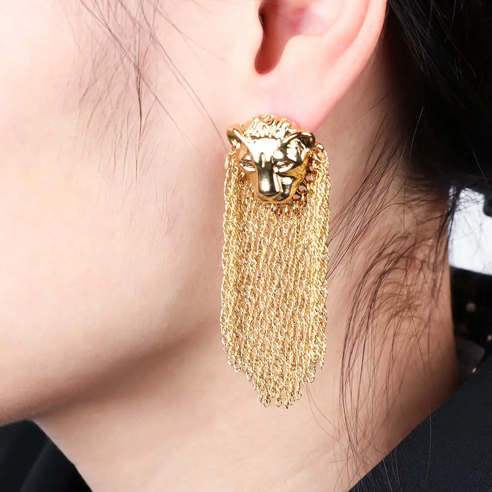 1 par de moda exagerada cabeça de leão metal corrente borla balançar brincos para mulheres punk hip hop na moda brinco feminino jóias