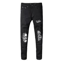 Новинка 2019 года High Street отверстие для мужчин джинсы для женщин черный вышитые патч Мода зауженные брюки мужской прилив брюки девочек более