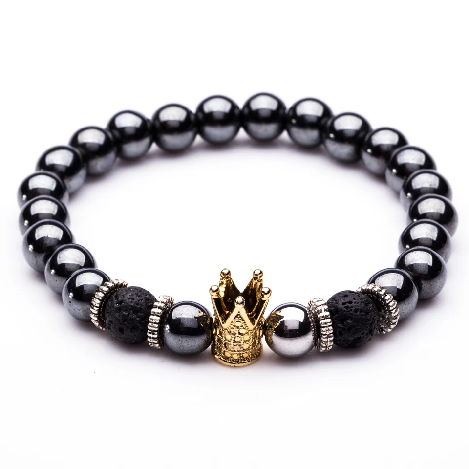 С черным натуральным камнем браслет из бисера Золотая Корона Подвеска Шарм браслет для мужчин мужские ювелирные изделия оптом дропшиппинг