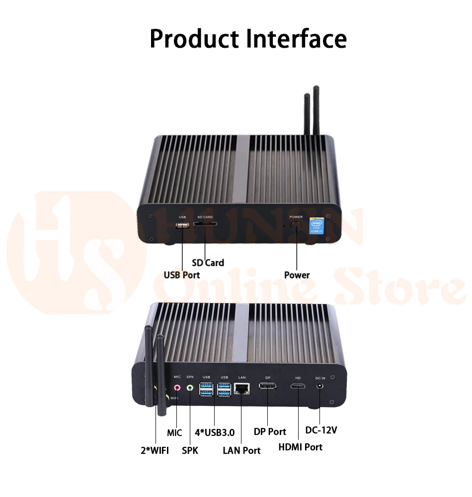 Безвентиляторный мини-ПК, Intel 4 ядра I7 8550U, Windows 10/Ubuntu, черный, [HUNSN BM14], (Wi-Fi/1DP/1 HDMI/4USB3. 0/1USB2. 0/1LAN)