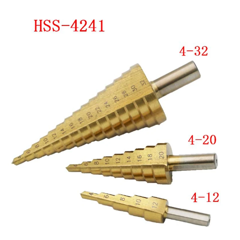 

4-12mm 4-20mm 4-32mm Metric Spiral Flute/Large Step HSS Steel 4241 Cone Titanium Coated Drill Bits Cut Tool Set Hole Cutter