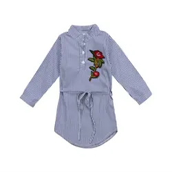 Pudcoco 2017 Одежда для детей; малышей; девочек 3D цветок кнопка платье одежда в полоску рубашка с длинными рукавами Топы корректирующие синий