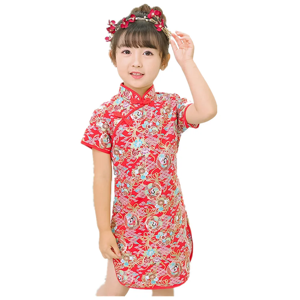 

Red Baby Girl Slim Dress Summer Short Sleeve Children Clothes Fashion 100% Cotton Girl's Cheongsam Party Wedding Qipao Dress Top