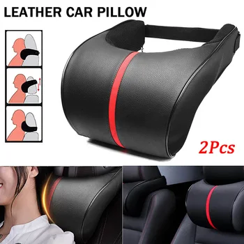 

16*26*9cm Adjustable Car Pillows Travel Soft Pad Seat Neck Cushion Black+Red 2pcs Set Kit Leather Headrest Rest