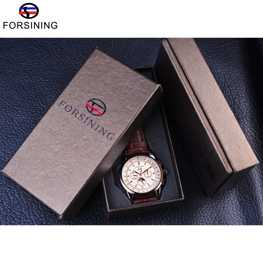 Forsining Moon Phase Шанхай часовой механизм розовое золото чехол коричневый Натуральная кожа ремешок мужские часы лучший бренд класса люкс Auotmatic часы