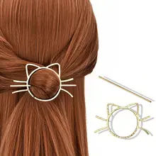 Женская Геометрическая заколка для волос с котом Мяу, милая металлическая расческа, заколка для волос, шаль, брошь, стильный держатель для хвоста, булочка
