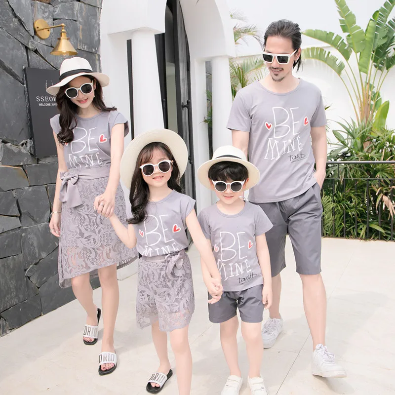 

Family Matching Outfits Mother Daughter Summer Short Sleeve T-Shirt+Skirt 2PCS Sets Dad Son T shirt+Shorts Cotton Tops Clothes