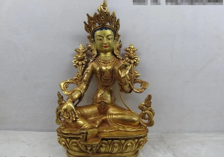 

song voge gem S0615 12.5 Tibet purple Copper Gild Green TaRa Guan Yin Kwan-Yin Goddess Buddha Statue