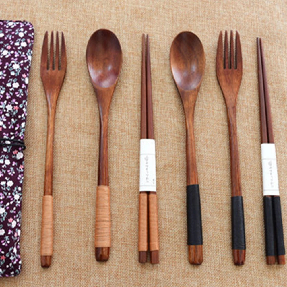 

Wood Portable Tableware Travel Dinnerware Suit Wooden Cutlery Sets Environmental with Cloth Pack Gift