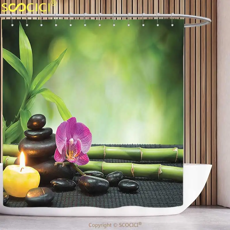 

Stylish Shower Curtain Spa Decor Orchid Bamboo Stems Chakra Stones Japanese Alternative Feng Shui Elements Therapy Design Green