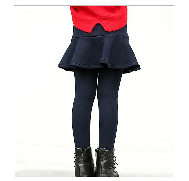 Girls Pants Warm Leggings For Girls Ruffle Pants Cotton Plus Velvet Girls Leggings Fake Two Pieces Skirt Princess Winter Solid105