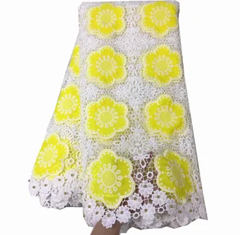 

White and yellow guipure lace fabric beaded nigerian lace fabrics african gupure cord lace with beads for wedding dress