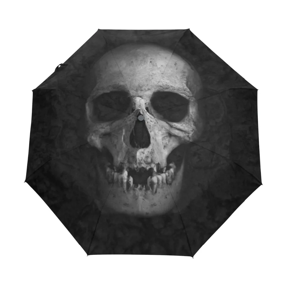 С принтом черепа полностью автоматический зонт модные черные 3 складной зонтик дождя Для женщин Для мужчин против ветра и дождя, большой зонт
