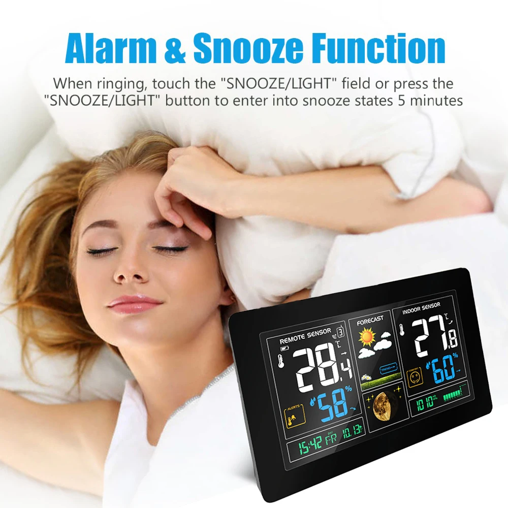 Wireless Weather Station Forecast Clock Indoor Outdoor Temperature Humidity Sensor Colorful LCD Snooze Hygrometer | Дом и сад