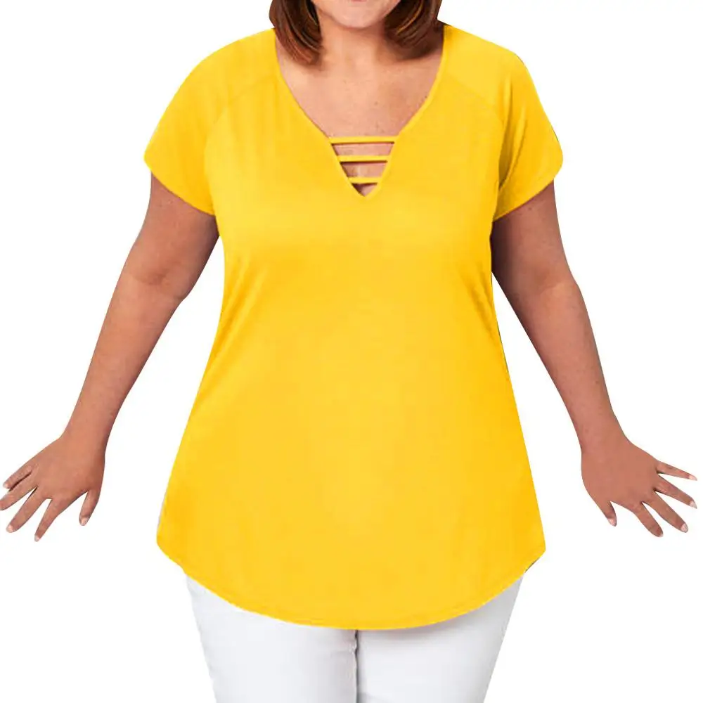 Летние Рубашки, Топы с коротким рукавом и v-образным вырезом, одноцветные повседневные свободные блузки размера плюс, модные женские блузки, женские рубашки 4EM - Цвет: Цвет: желтый