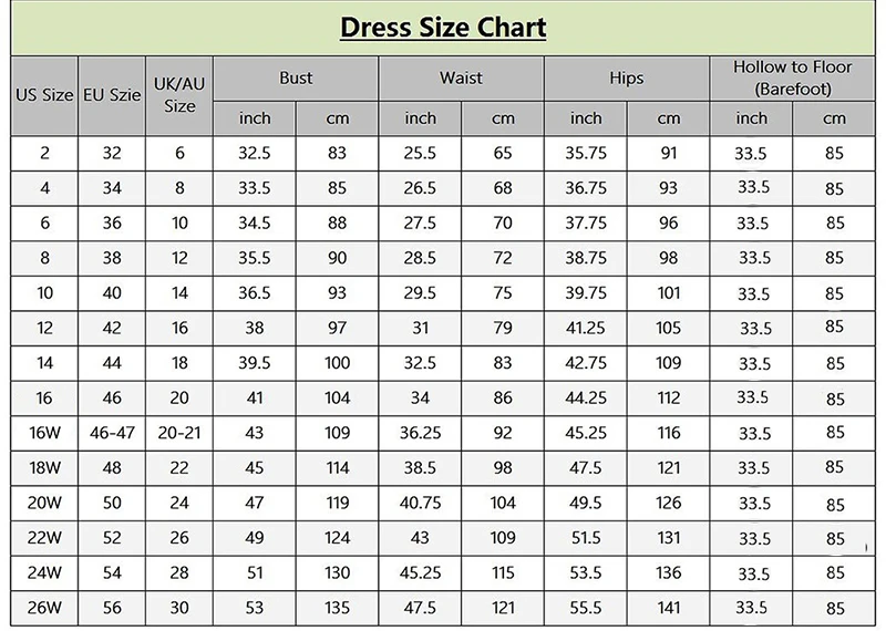 short dress size chart