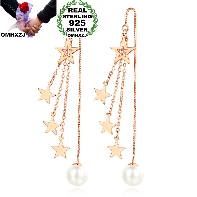 

OMHXZJ Wholesale European Fashion Woman Girl Party Birthday Wedding Gift Star Pearl S925 Sterling Silver Earring Ear Lines YS519