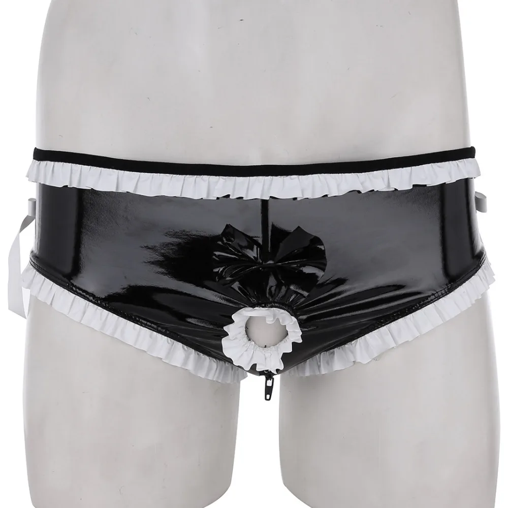 Billige Herren Dessous Glänzenden Homosexuell Loch Vorne Offen Penis Homosexuell Männlichen Ring Rüschen Bowknot Zipper Gabelung Sissy Bikini Slip Unterwäsche