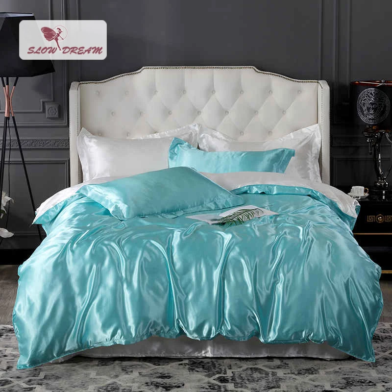 

SlowDream 100% Silk Bedding Set Bedspread Corners Luxury Rubber White Fitted Sheet Adult Blue Duvet Cover Sheet On Elastic Band