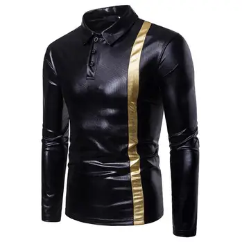 

2019 autumn and winter models glossy stitching lapel men's long-sleeved shirt men's fashion solid color glossy costume shir
