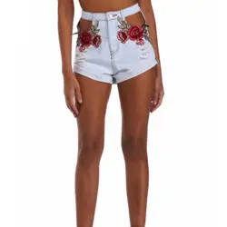 XXS-2XL модные Вышивка Роза джинсовые шорты широкие шорты женские Сексуальная Кнопка аппликации с перекрестными завязками и высокой талией