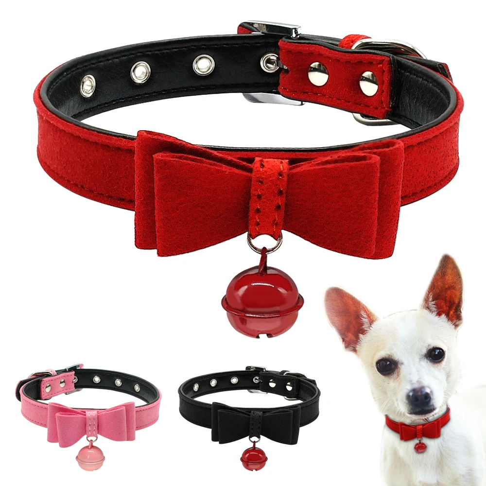 

Dog Cat Collar Inner Padded Leather Puppy Small Collars With Bell and Bowknot Pink Red Black For Chihuahua Yorkie XXS XS S M