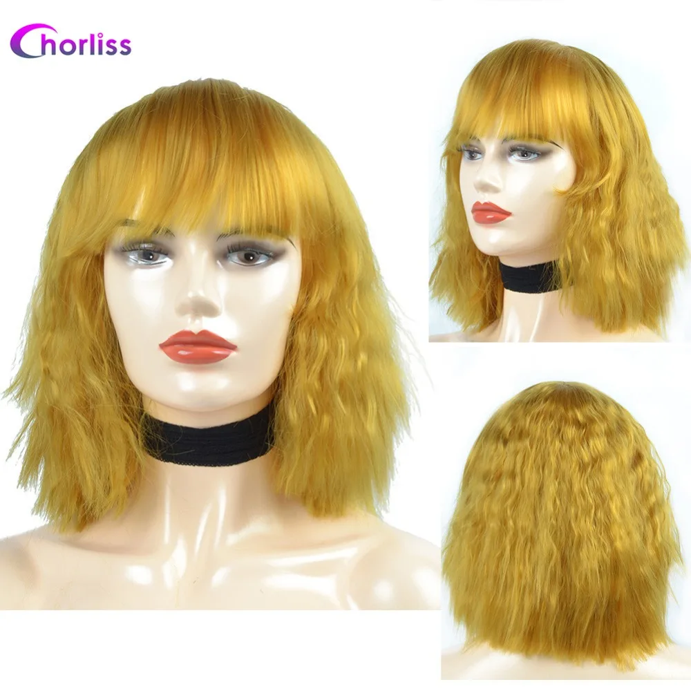 Chorliss Synthetic Wig Full Wigs Bangs Water Wave Short Women Wig Pink Blonde Gold Grey  (3)